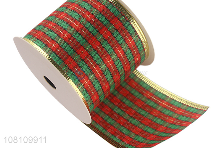 Yiwu market wired edge plaid polyester Christmas ribbons