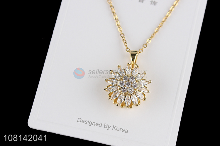 Wholesale rhinestone sunflower pendant necklace with steel chain