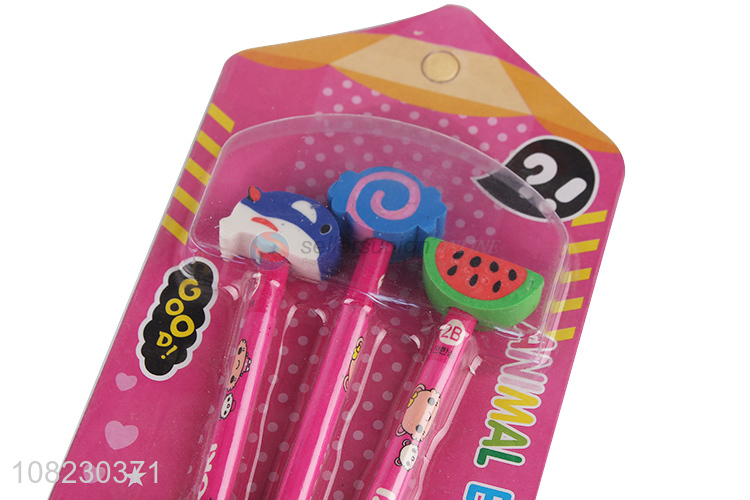 New Arrival 3 Pieces Cartoon Animal Eraser Pencil Set For Children