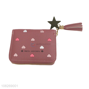 New arrival embroidered <em>women</em> <em>wallet</em> zipper pocket <em>wallet</em> with tassel