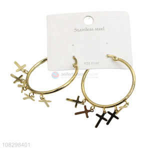 China factory trendy stainless steel cross pendant hoop earrings