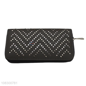 Good quality pu leather rivet clutch purse zipper wallets