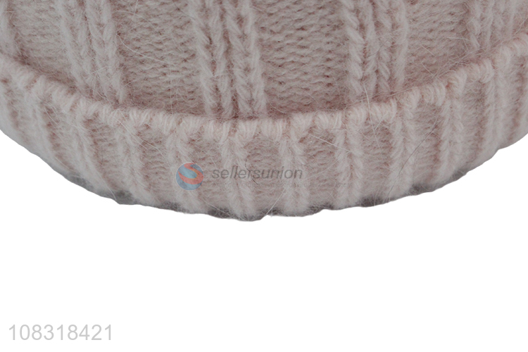 Factory price girls fashion rabbit fur hat striped knitted hat