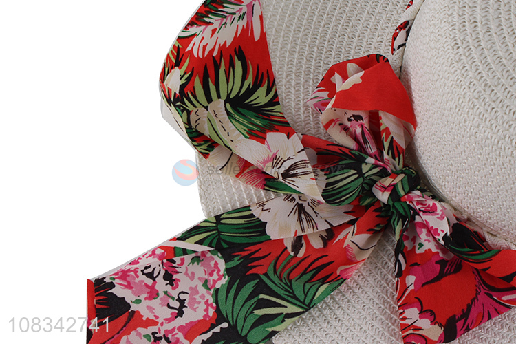 Wholesale Bow Ribbon Wide Brim Straw Hat Beach Sun Hat