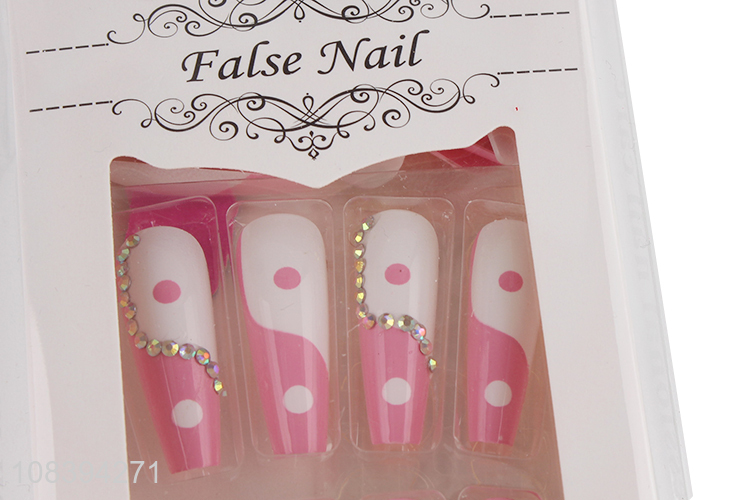 Recent design nail art decor long false nails press on with rhinestones