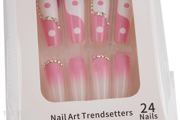 Recent design nail art decor long false nails press on with rhinestones