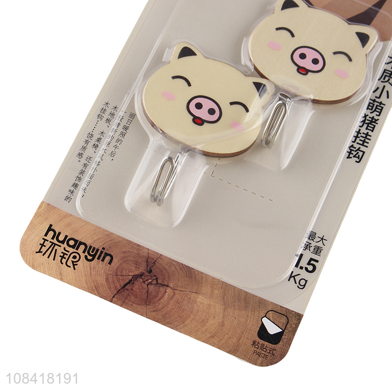 Best selling cartoon pig wooden storage hooks sticky hooks