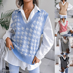 Hot sale women's winter vest houndstooth knitted sweater vest waistcoat