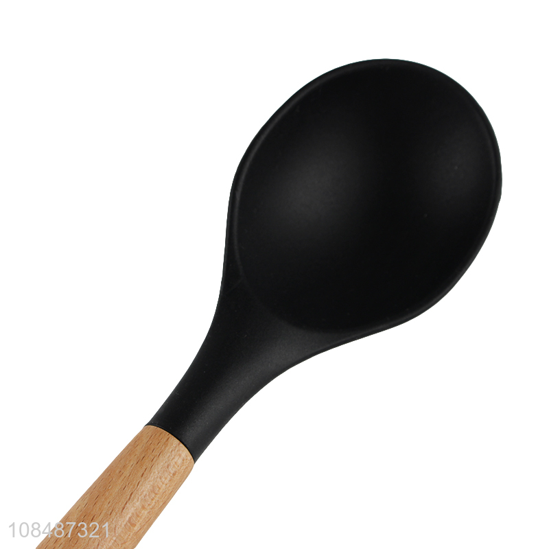 Wholesale non-stick nylon core silicone cooking spoon with wooden handle