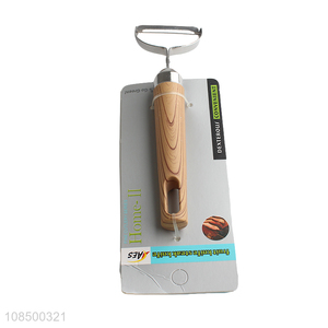 Custom logo wood grain plastic handle stainless steel fruit apple peeler