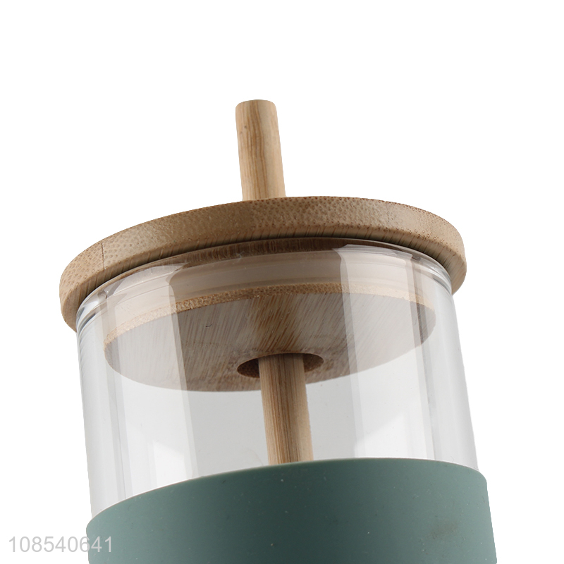 Hot selling glass water cup straw drinking cup with bamboo lid