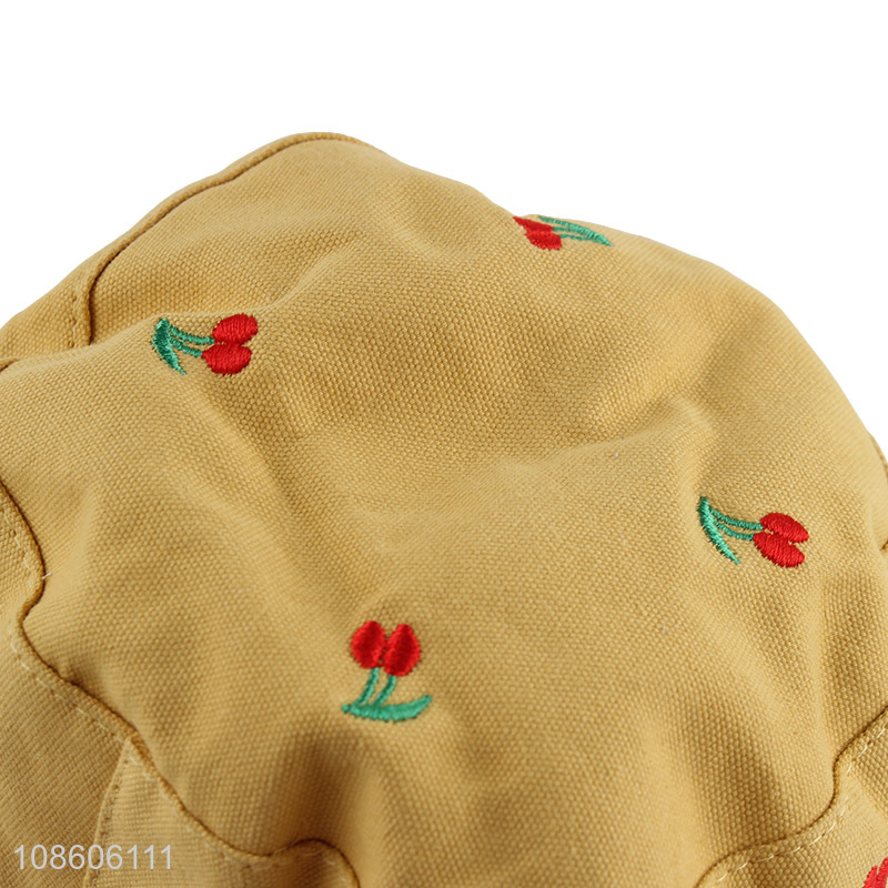 Wholesale cherry embroidered reversible bucket hat fisherman hat for kids