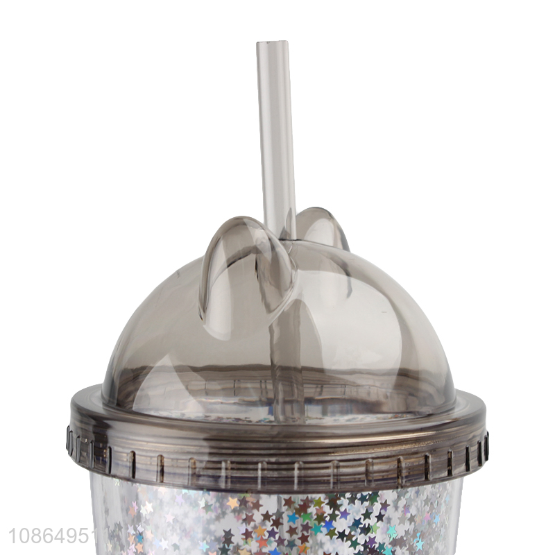 High quality double walls glitter plastic water cup with straw & lid