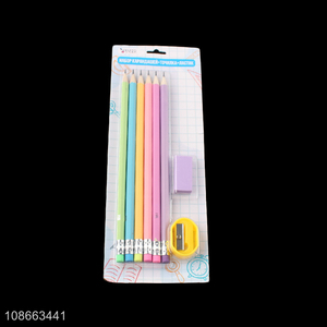 Wholesale kids stationery set with hb pencils, pencil sharpener and eraser