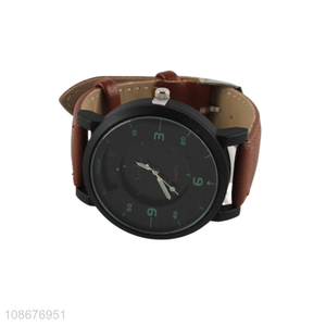 Factory supply pu leather strap luminous quartz wristwatch for men