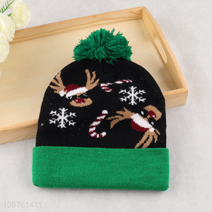 Factory supply Christmas jacquard knitted cuff beanie with pom pom