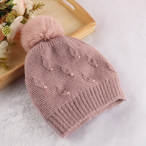 Factory price winter hat cuffed beanie pearl cap for women