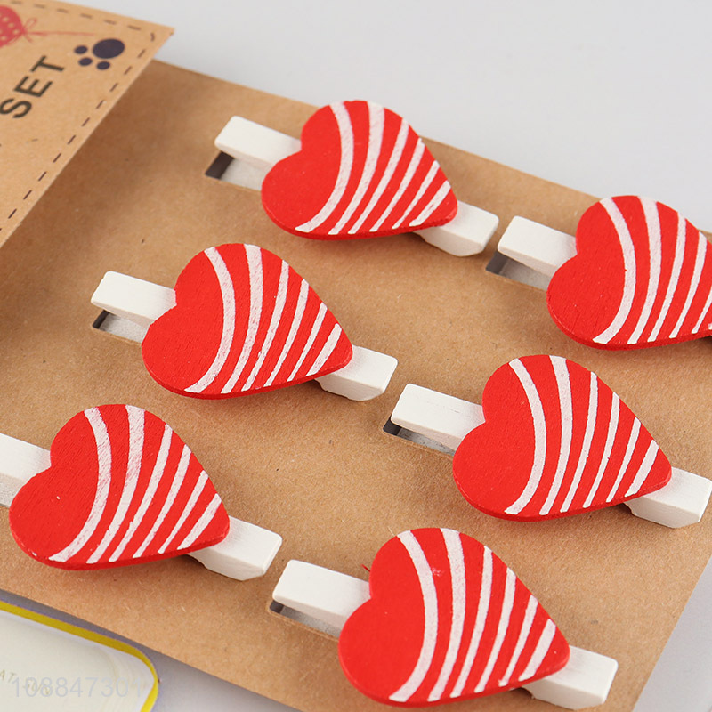 Best selling 6pcs heart shape wooden clip photo clip