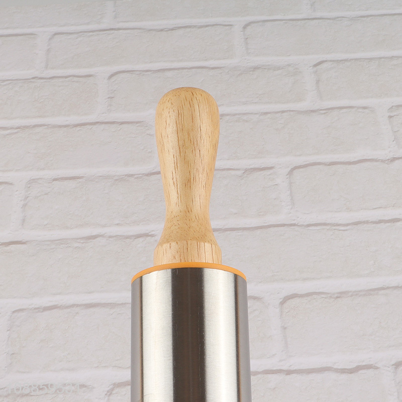 Top sale stainless steel pastry dough rolling pin with wooden handle