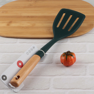 Factory supply heat resistant silicone slotted spatula with wooden handle