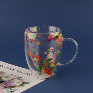 China imports double wall glass coffee mug flower coffee cup with handle