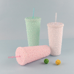 Most popular multicolor plastic water cup with lid and straw