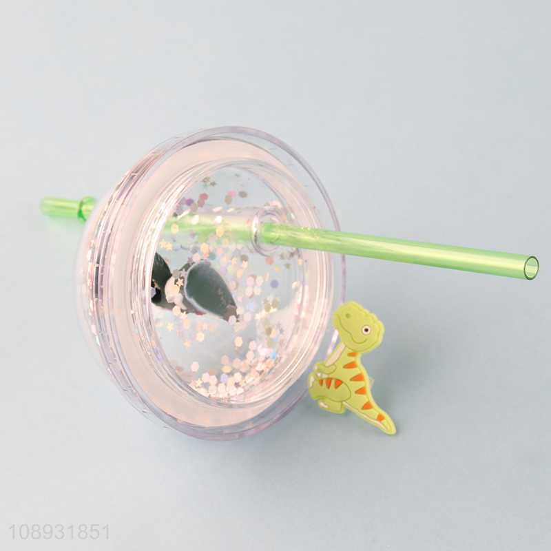 Latest products glitter dinosaur plastic water cup with lid&straw