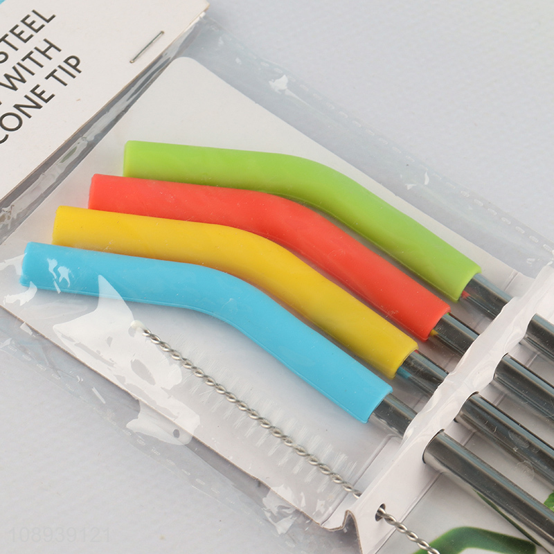 Popular products 4pcs stainless steel drinking straw with silicone tip