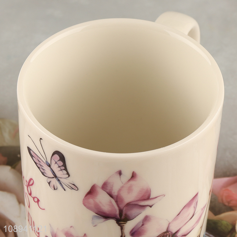 Low price butterfly printed ceramic water cup with handle