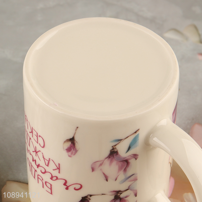 Low price butterfly printed ceramic water cup with handle