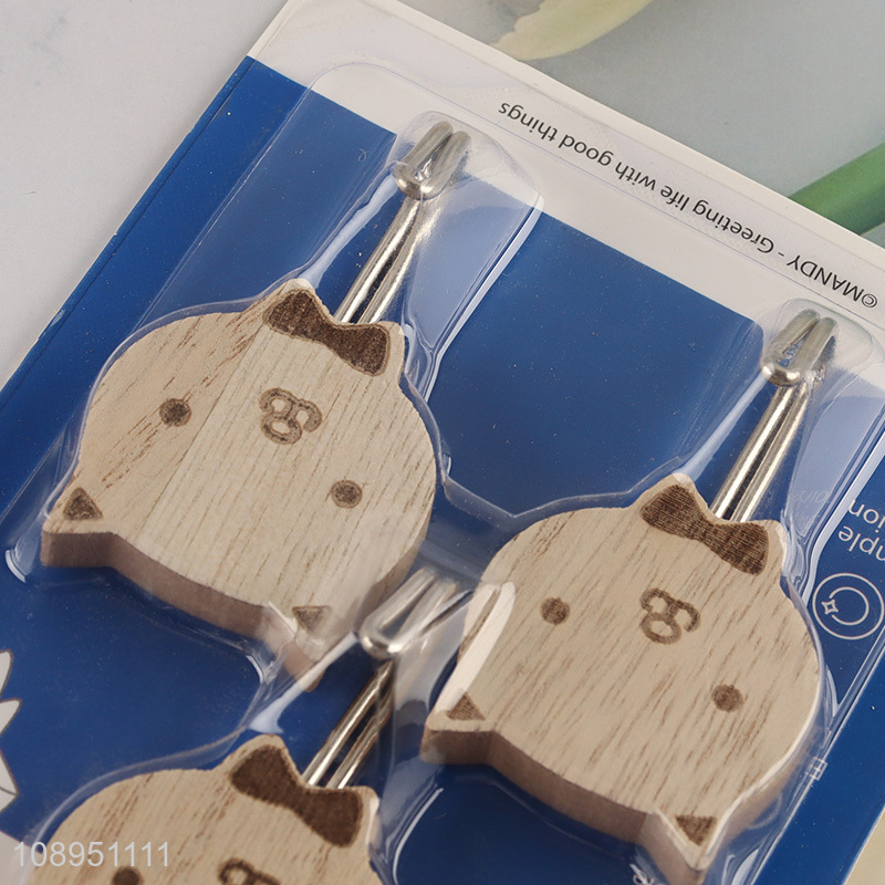 Good Quality 3PCS Cat Shape Wooden Hooks Non-Trace Sticky Hooks