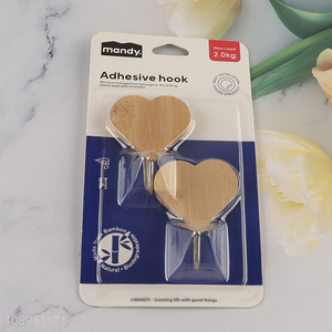 Good Quality 2PCS Heart Shape Bamboo Wall Mount Hooks Sticky Hooks