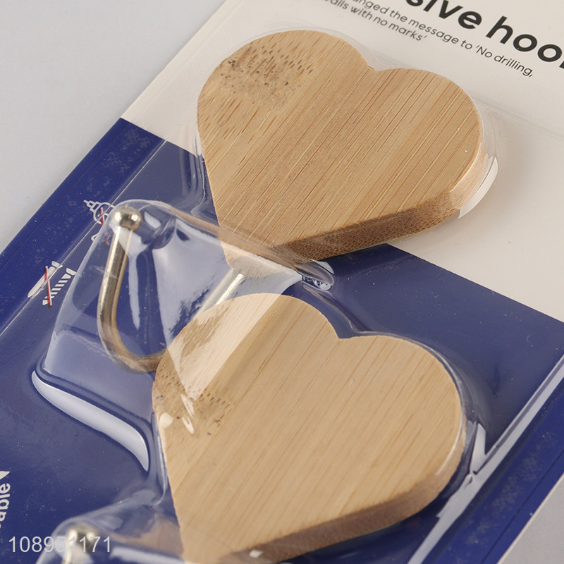 Good Quality 2PCS Heart Shape Bamboo Wall Mount Hooks Sticky Hooks