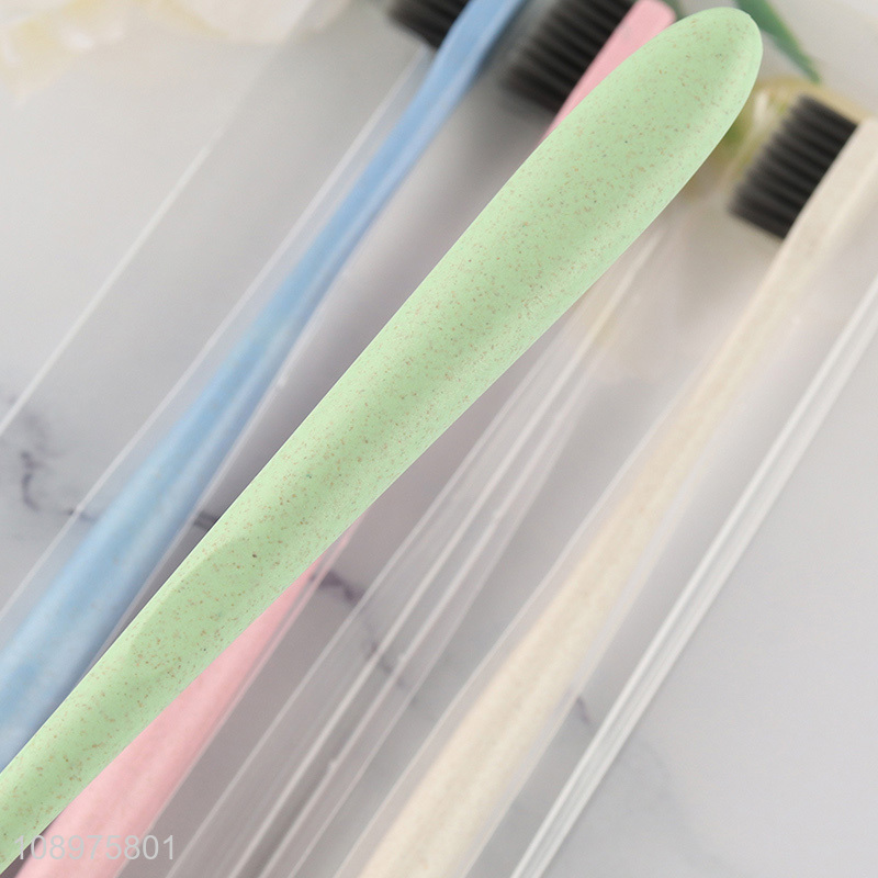 Good quality 4pcs eco-friendly wheat straw adult toothbrush set for sale