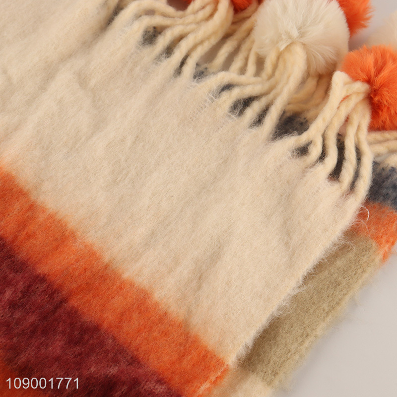 Good Quality Winter Scarf Striped Cashmere Feel Scarf with Pom Poms