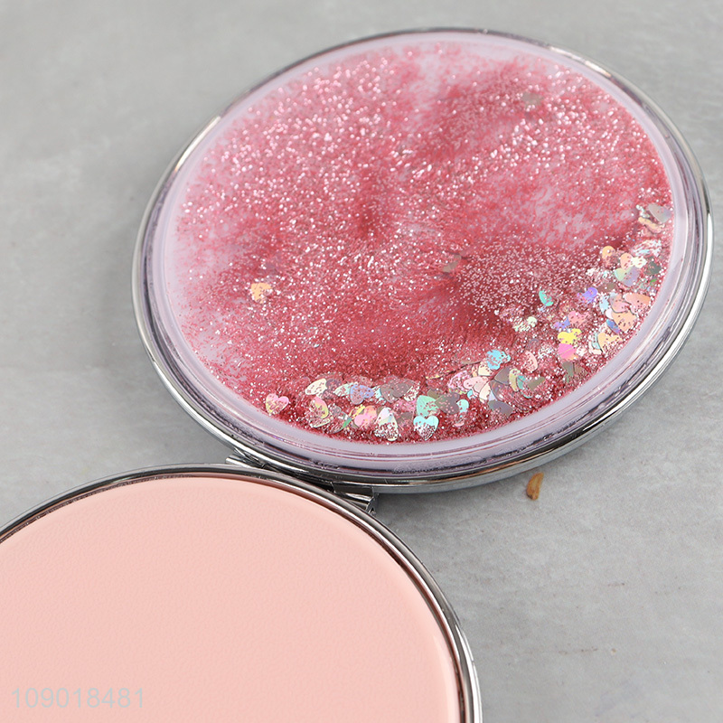 Hot Sale Quicksand Makeup Mirror Round Folding Double Sided Compact Mirror