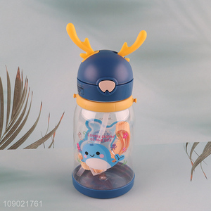 Wholesale 550ml Cute Plastic Kids Water Bottle with Silicone Straw & Strap