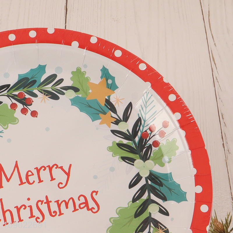 Hot selling merry Christmas printed round disposable dinnerware plate for tabletop decor