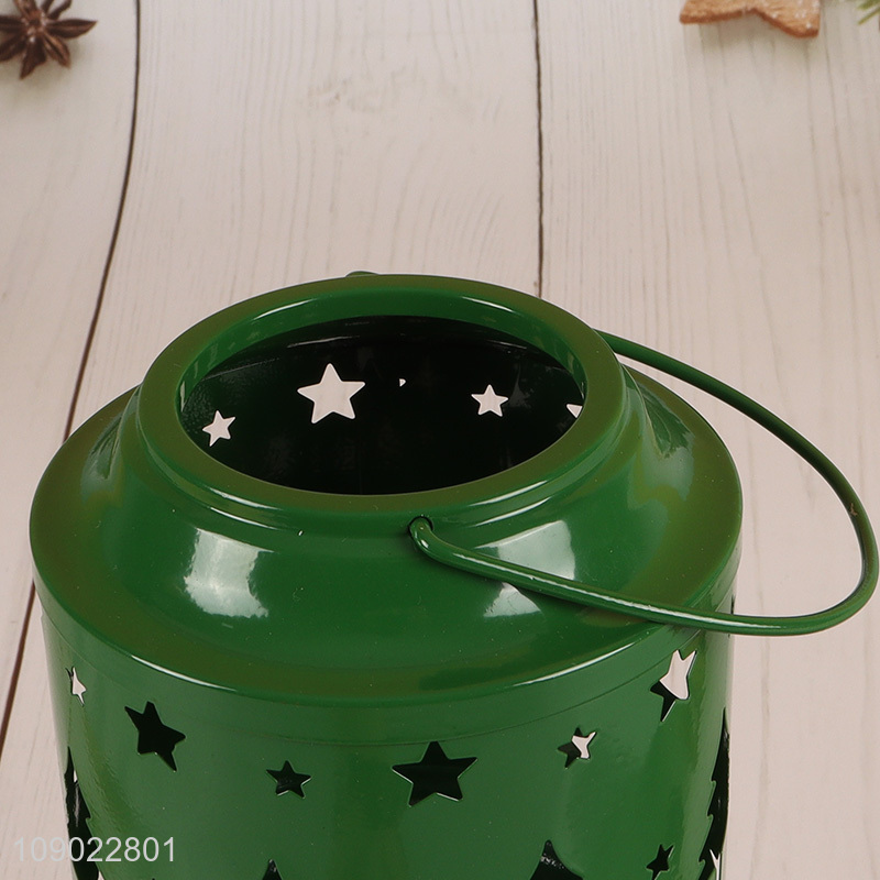 New arrival green hollow Christmas tabletop decor metal candle holder with handle