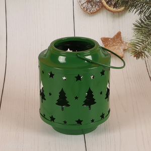 New arrival green hollow Christmas tabletop decor metal candle holder with handle