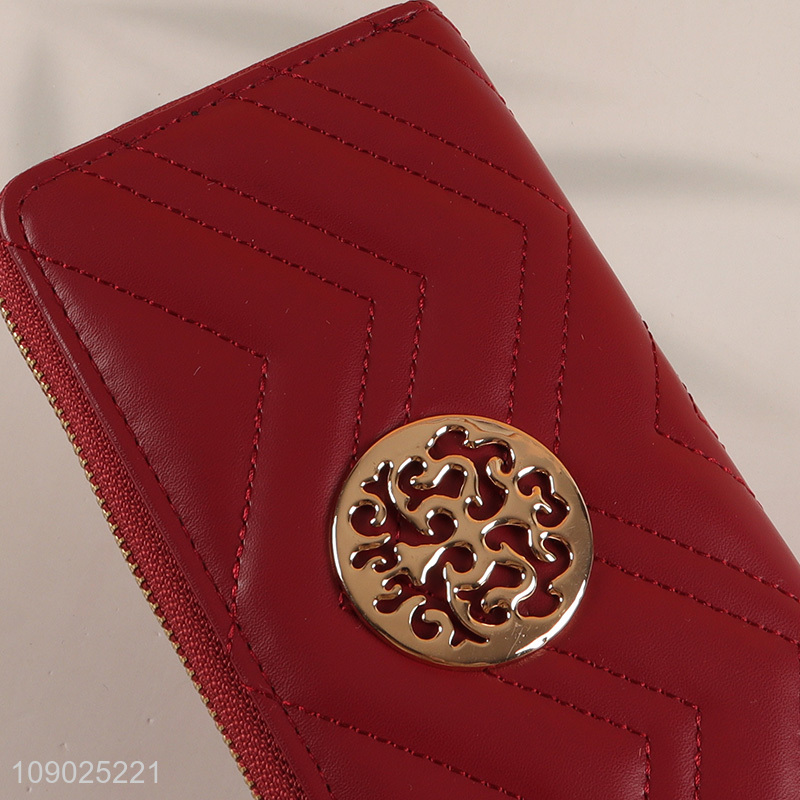 Top sale red long style women pu leather wallet with zipper