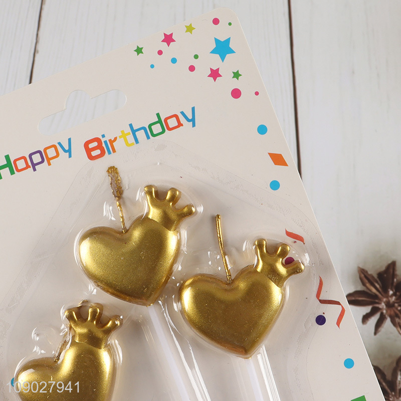 Good selling 3pcs heart shape golden birthday cake decorative candle