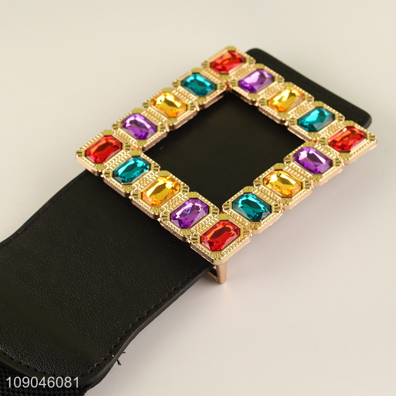 Hot products gemstones buckle Pu leather elastic waist belt for dress