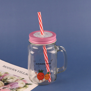 Hot items creative glass water cup cartoon juice cup with handle&straw