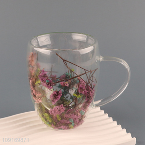 China supplier double wall dried flower <em>glass</em> water <em>cup</em> with handle