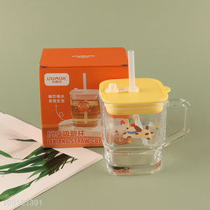 Yiwu market cartoon <em>glass</em> <em>cup</em> straw <em>cup</em> with lid&handle