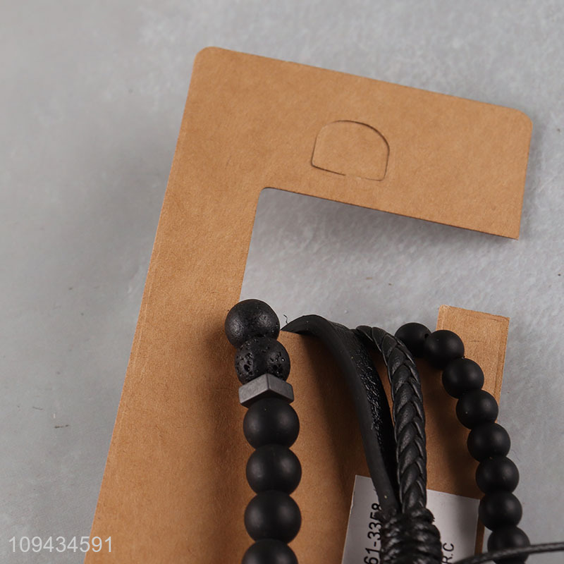 China wholesale black simple beaded braided bracelet set